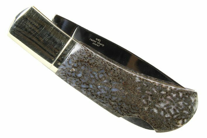 Pocket Knife With Fossil Dinosaur Bone (Gembone) Inlays #337592